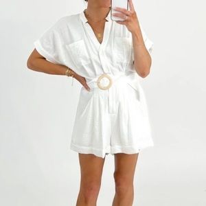 Button Front Belted Romper with Pockets in Sand. Size: S.